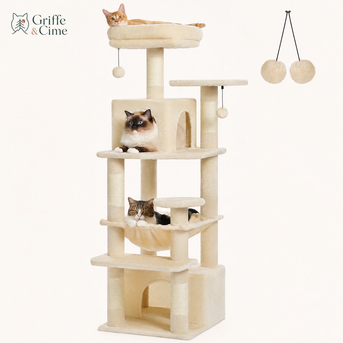 Arbre à chat Altitude coloris beige, trois chats sur le perchoir, la niche et le hamac