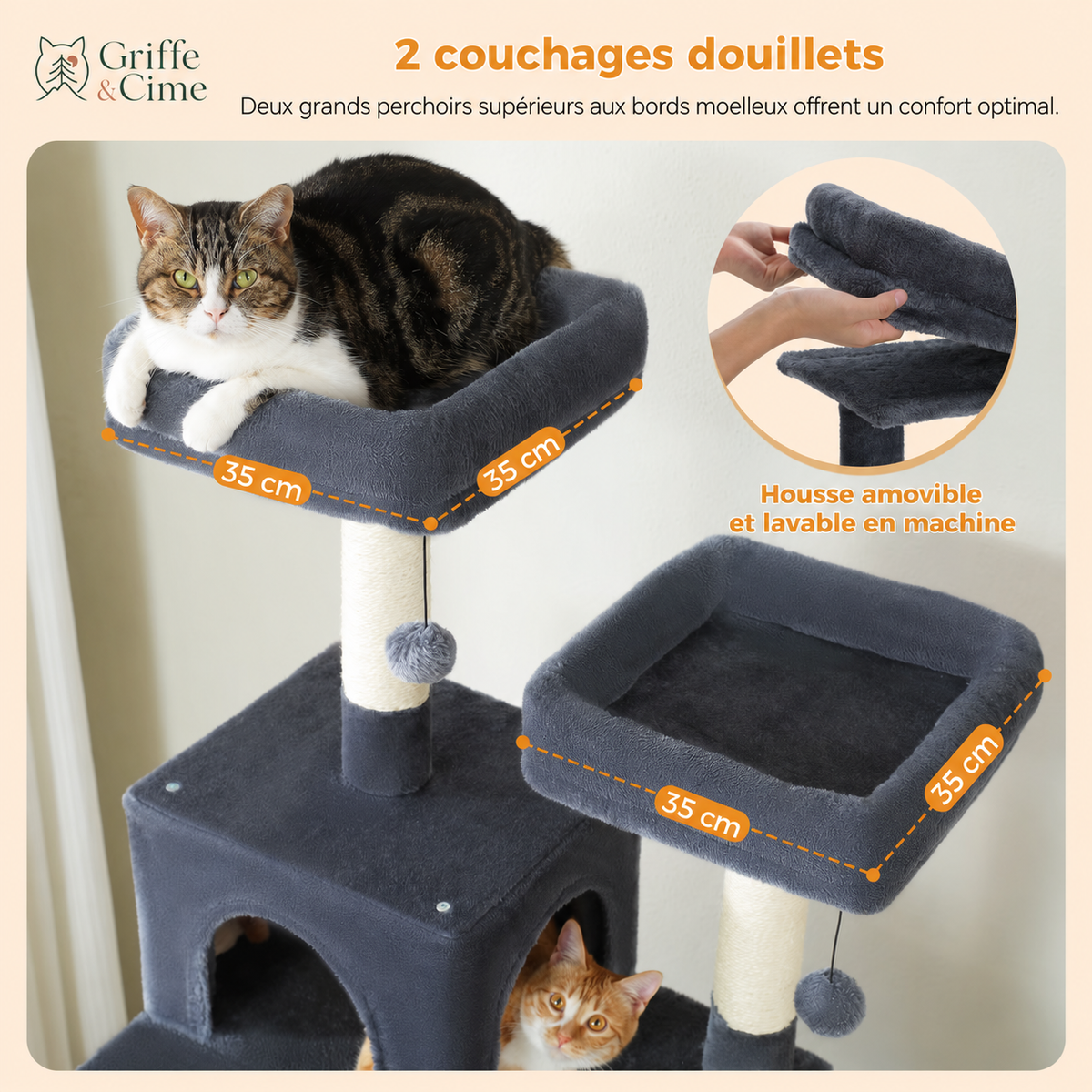 Perchoirs supérieurs rembourrés d’Altitude gris anthracite, un chat installé au sommet