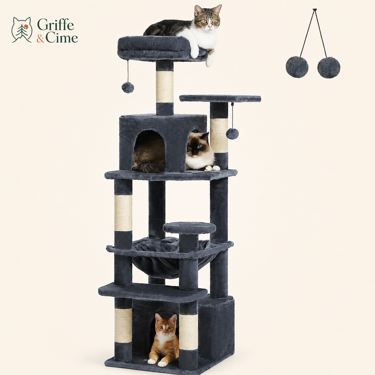Arbre à chat Altitude coloris gris anthracite, chats installés sur plusieurs niveaux