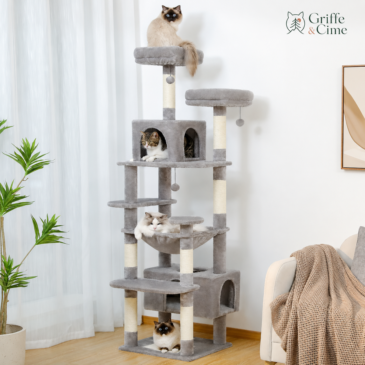 Arbre à chat Altitude 184 cm gris dans un salon, cinq chats à différents niveaux
