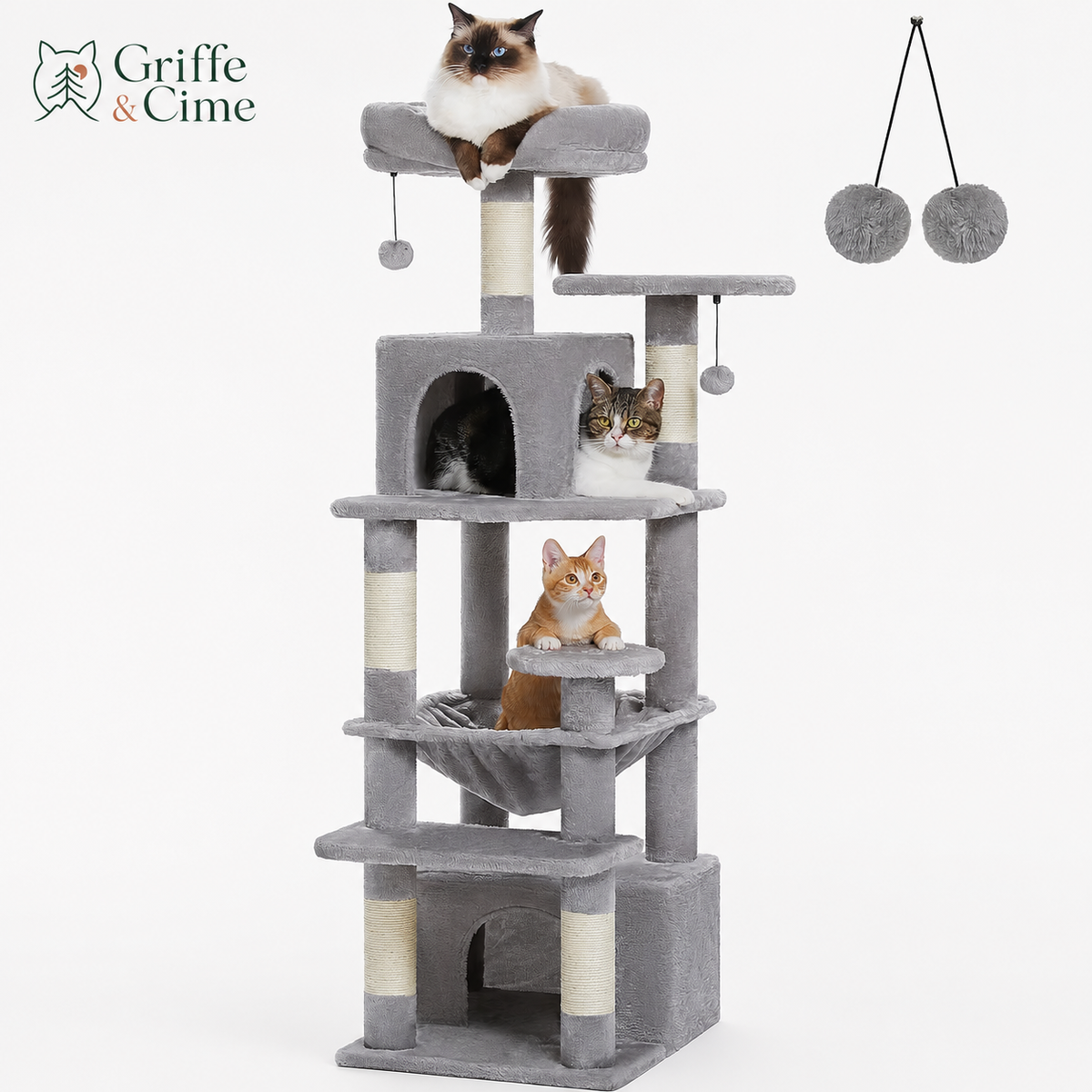 Arbre à chat Altitude coloris gris, trois chats sur le perchoir, la niche et le hamac