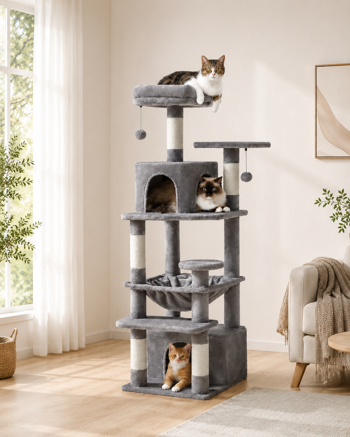 Arbre à chat Altitude gris dans un salon lumineux, trois chats installés à différents niveaux